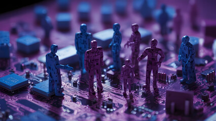 Tech Wonderland: Abstract Toy People Constructing a Computer Amidst Blue and Purple Circuit Board Background