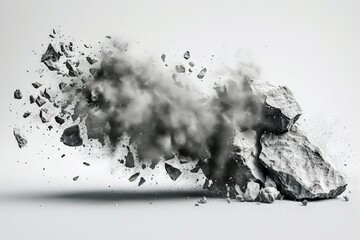 abstract rock formation exploding into powder dynamic 3d illustration on white background