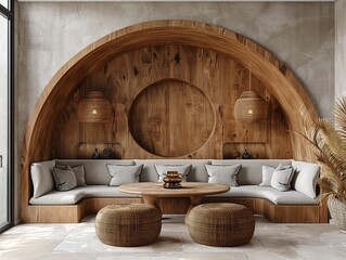A living room with a round table and a large archway