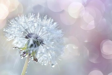 a dandelion seed head with morning dew dreamy bokeh background fine art macro photograph