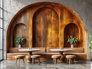 A restaurant with a wooden wall and a large archway
