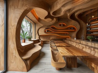 A restaurant with a lot of wood and a lot of seating