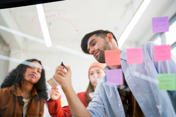 Dynamic brainstorming session with a focused team using a transparent idea board to strategize in the office.