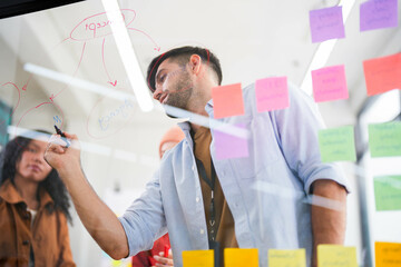 Business professional uses a glass wall covered with sticky notes to outline processes during a team meeting.