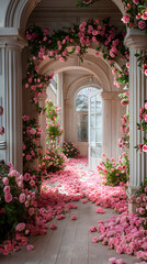Hallway adorned with pink flowers and petals creating a beautiful landscape