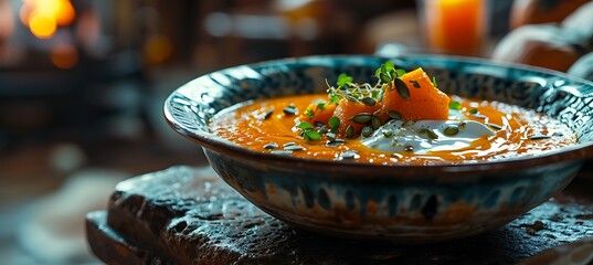A close-up of a bowl of velvety butternut squash soup garnished with a swirl of cream and pumpkin seeds, positioned on a modern ceramic bowl - obrazy, fototapety, plakaty