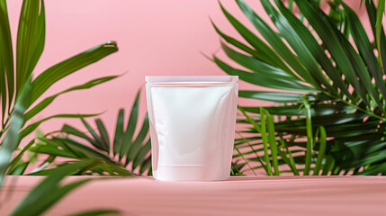 Presenting a mockup of a white pouch package (doypack) set against a backdrop of palm and banana leaves, complemented by a pastel pink background 