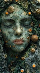 A Portrait Of Serenity, Depicting A Woman Encased In Lush Nature And Glittering Crystals