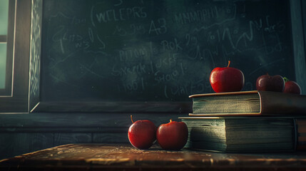 The Back to School concept features a school desk adorned with books and apples, set against a background of a blackboard  - obrazy, fototapety, plakaty