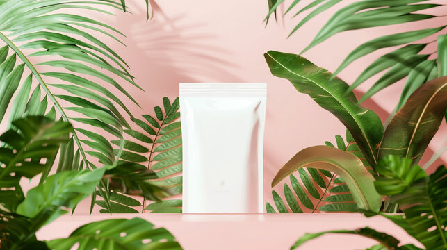 Presenting a mockup of a white pouch package (doypack) set against a backdrop of palm and banana leaves, complemented by a pastel pink background 