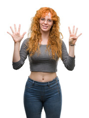 Young redhead woman showing and pointing up with fingers number nine while smiling confident and happy. - obrazy, fototapety, plakaty