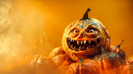 halloween monster in style of beautiful grotesque, pumpkin monster, glowing lights, autumn colors - 781673985