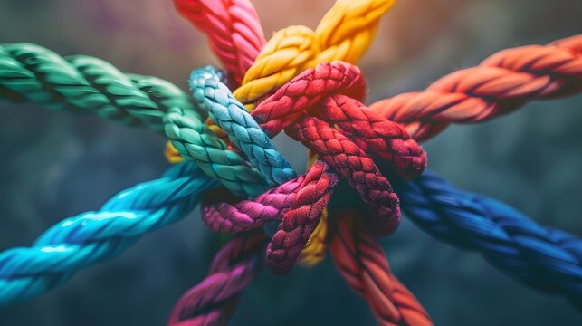 Team rope diverse strength connect partnership together teamwork unity communicate support. Strong diverse network rope team concept integrate braid color background cooperation empower power. 
