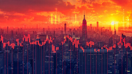 stock graph overlay over a big city at sunset