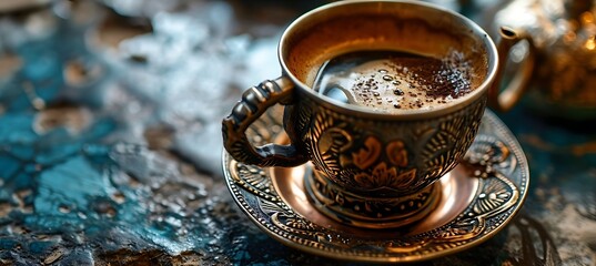 A Captivating Close-Up Unveiling the Rich Aroma and Intricate Details of a Brimming Cup of Authentic Turkish Coffee, Embodied in Timeless Elegance and Cultural Heritage - obrazy, fototapety, plakaty