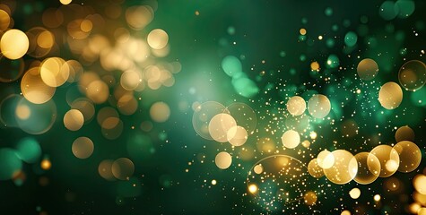abstract green background with round golden spots scattered - obrazy, fototapety, plakaty