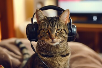 Cat with headphones by the TV
