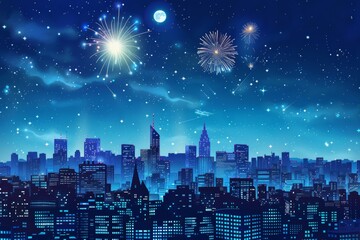 Night cityscape with fireworks in the sky, bright yellow, red, black and blue colors