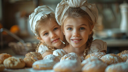 Cooking homemade cakes. Happy loving family are preparing bakery together. Mother and child daughter girl are cooking cookies and having fun in the kitchen. Roll the dough.