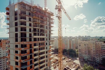 Construction of a nine-story building with vibrant colors and high-tech cranes on a sunny day