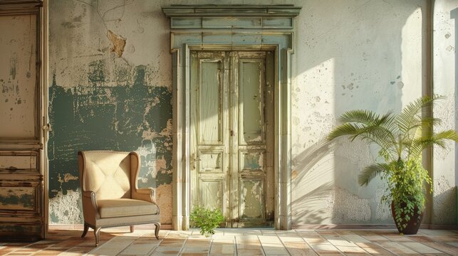 Room with plant and chair showing peeling paint