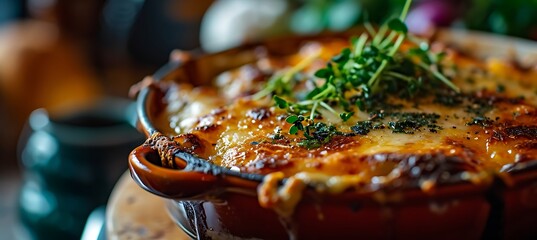 Captivating Culinary Alchemy: A Mesmerizing Close-Up of a Bubbling Pot Overflowing with the Rich Aroma and Golden Hue of French Onion Soup, Stirring the Senses and Whetting the Appetite