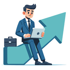 Growing business, business man with upward arrow in a flat design illustration