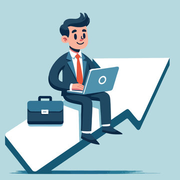 cartoon of a business man sitting on arrow up holding a laptop