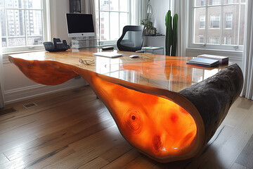 Unique wooden table in luxury office interior
