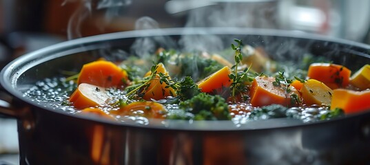 Capturing Culinary Alchemy: Mesmerizing Close-Up of a Pot Bubbling on the Stove, Conjuring Aromas and Flavors in a Harmonious Symphony of Cooking Creativity - obrazy, fototapety, plakaty
