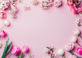 Fototapeta na wymiar Elegant Spring Floral Arrangement on Pastel Pink Background for Invitations