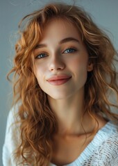 Naklejka premium Radiant Young Woman with Curly Hair and Blue Eyes Portrait