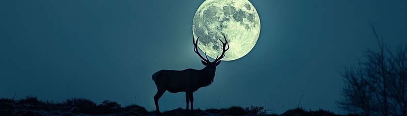 A powerful stag standing tall against the full moon, symbolizing the harmony of natures rhythms and the strength of leadership