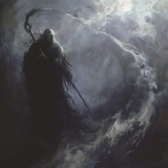 An eerie figure with a scythe, leading spirits to their final destination - obrazy, fototapety, plakaty