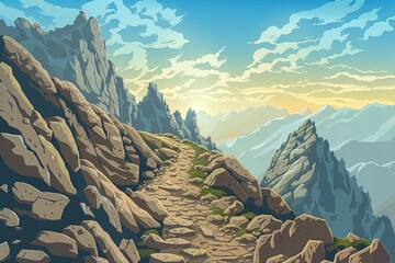 The essence of a challenging yet rewarding ascent with an elegant mountain path illustration in vector format - obrazy, fototapety, plakaty