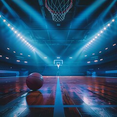 The mesmerizing glow of the basketball court under the dazzling arena lights, drawing attention to the ball at the free throw line - obrazy, fototapety, plakaty