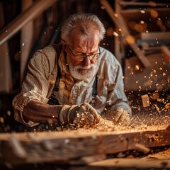 Carpenter carefully shaping a piece of wood, surrounded by sawdust and tools, lost in the joy of creation