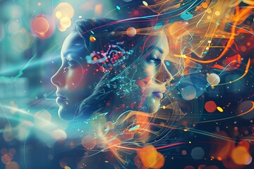 Two women's faces are shown in a colorful, abstract style. The image is meant to evoke a sense of movement and energy, as well as a feeling of connection between the two women - obrazy, fototapety, plakaty