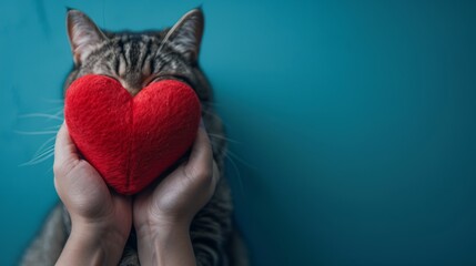 a cat with a red heart in its paws generative ai - obrazy, fototapety, plakaty
