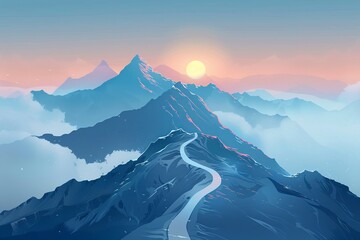 Illustrate a winding mountain path symbolizing a business growth journey in a sleek vector style