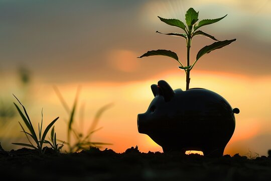 Silhouette of a piggy bank with a tall, vibrant plant growing out of it