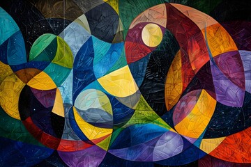 Fototapeta premium A colorful abstract painting with a blue circle in the middle. The painting is full of different colors and shapes, creating a sense of movement and energy