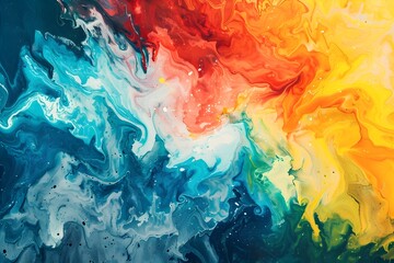 A colorful painting with blue, red, and yellow swirls. The painting has a vibrant and energetic feel to it, with the colors blending together to create a sense of movement and life - obrazy, fototapety, plakaty