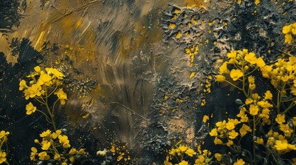 Yellow flowers bloom amidst black and yellow paint