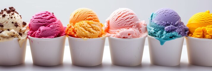 Line of various flavored ice creams in white cups. - obrazy, fototapety, plakaty