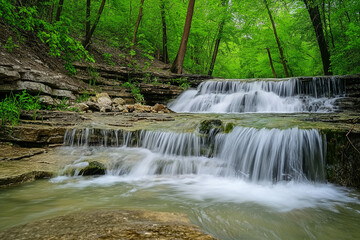 Fototapeta premium Beautiful waterfall in green forest. Long exposure photo with slow shutter speed.