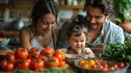 Cropped image of cute little girl and her beautiful parents cooking together in kitchen at home.