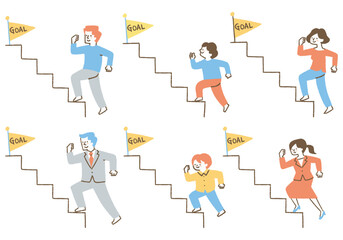 Naklejka premium Set of people climbing stairs toward goal_color