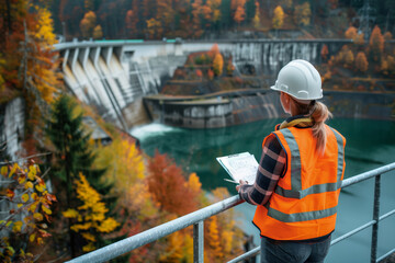 A female engineer with a ponytail, wearing an orange safety helmet and reflective vest, is holding a clipboard while intently observing the operations of a hydroelectric dam.