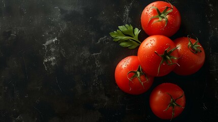 Fresh Ripe Tomatoes With Water Droplets on Dark Background